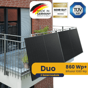 Kleines Kraftwerk Duo Gitterbalkon Komplettset 860W mit bifazialen Modulen und statisch geprüfter Balkon Halterung (made in Germany)