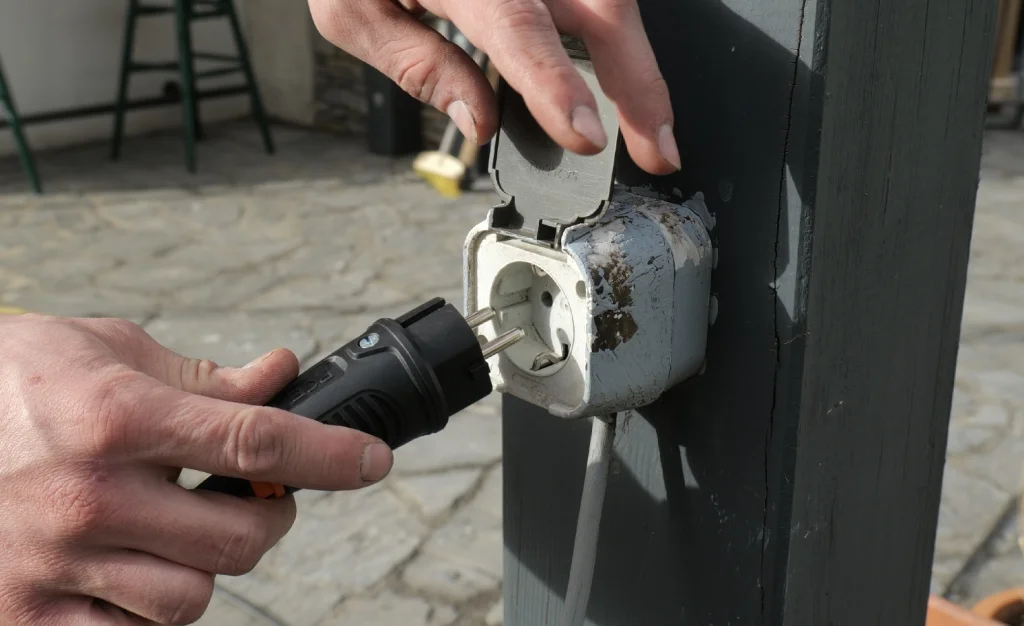 Schuko Kabel in die Steckdose stecken