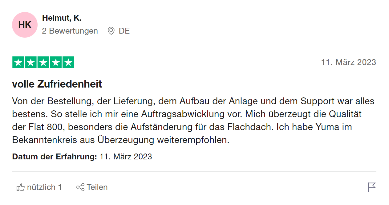 Positive Kundenbewertung zum Yuma Flat 880 Balkonkraftwerk auf unserem Test
